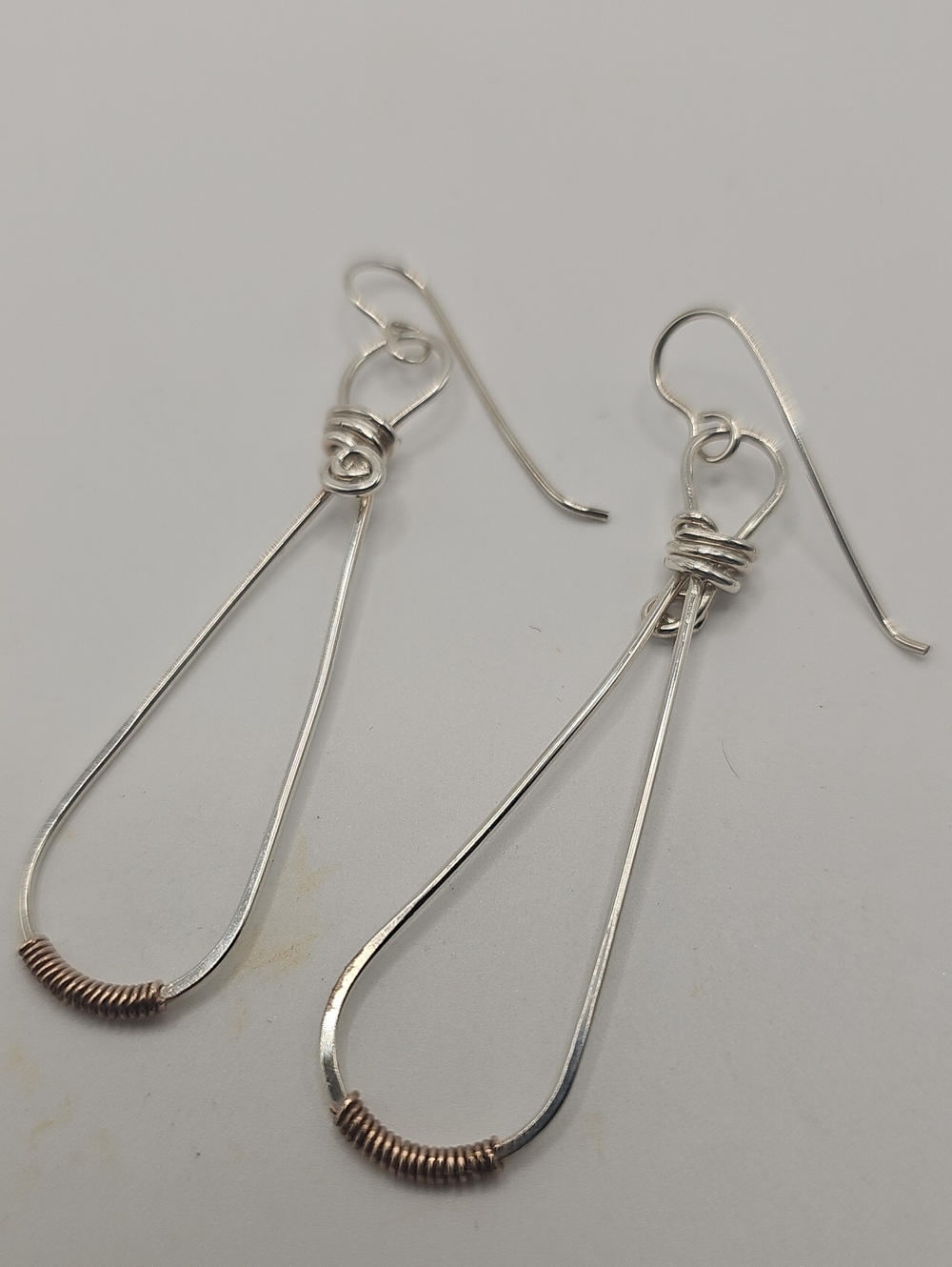 Sterling Silver Teardrop Wire Wrap Hoop Earrings/ Rose Copper Accent Handmade